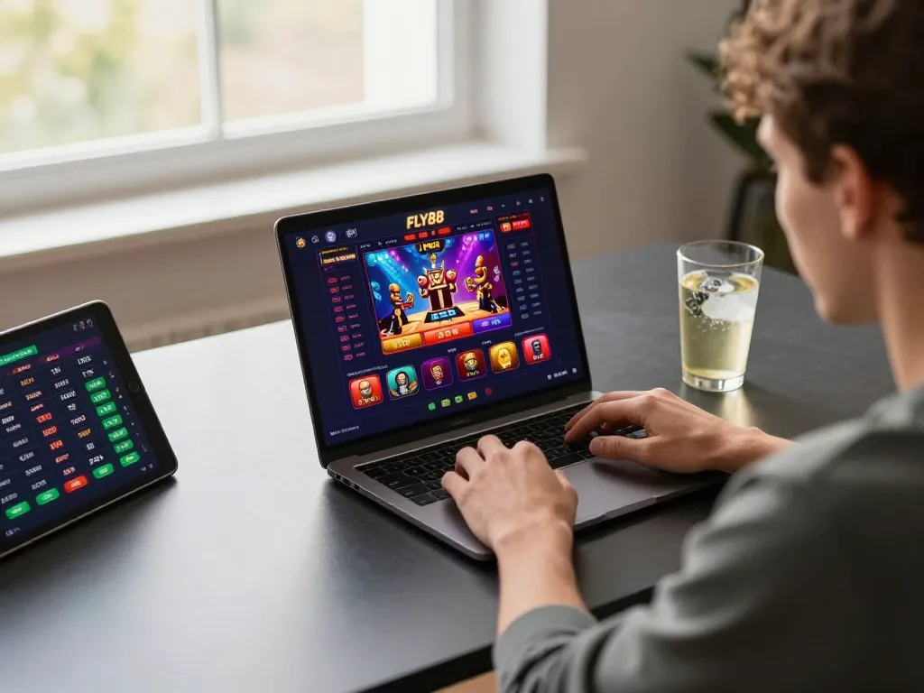 Player enjoying FLY88 online casino gameplay on a modern setup with gaming strategies visible.
