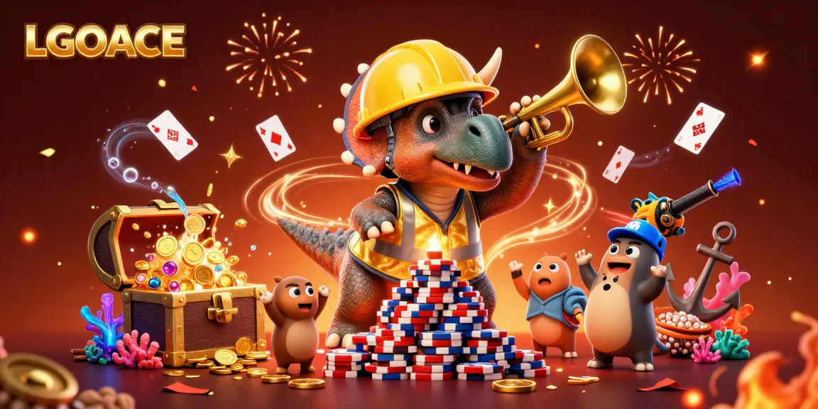 LGOACE showcases a lively 3D casino scene with triceratops and treasures celebrating big wins