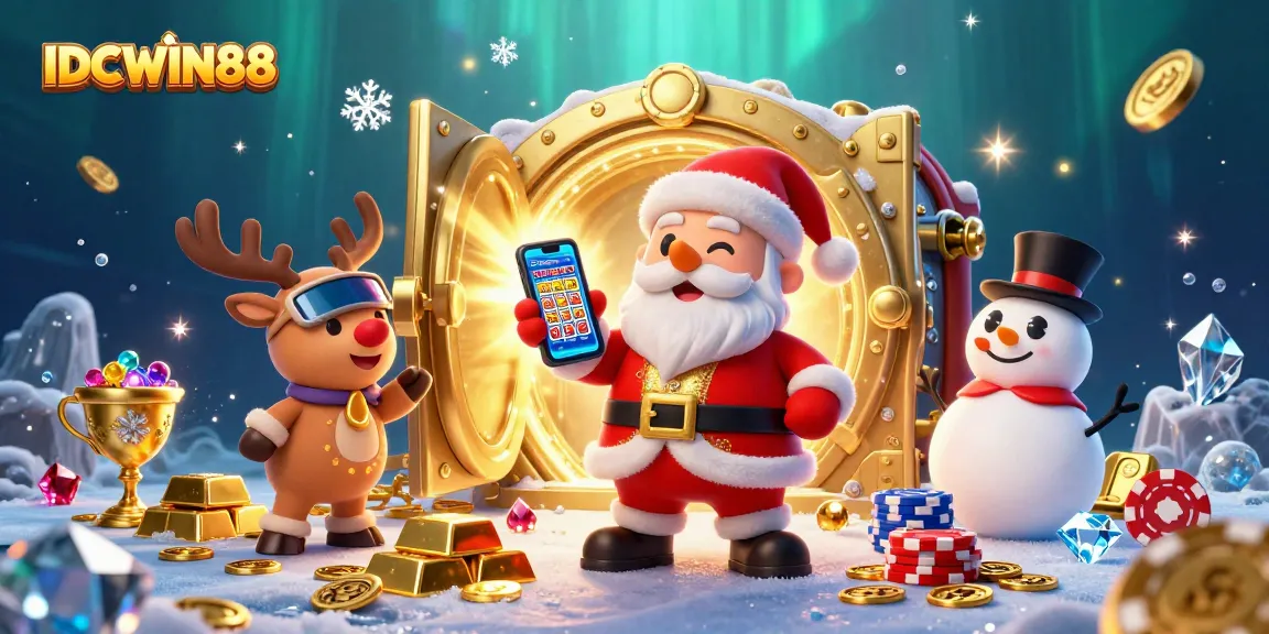 Engage with IDCWIN88's vibrant casino atmosphere with Santa, reindeer, and a snowman amidst glittering treasures.