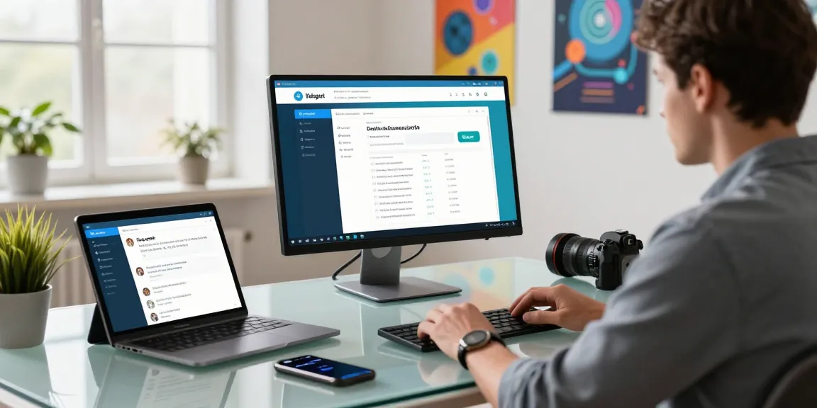 Professional workspace featuring telegram官网 interface on a high-resolution monitor and lively tech environment.