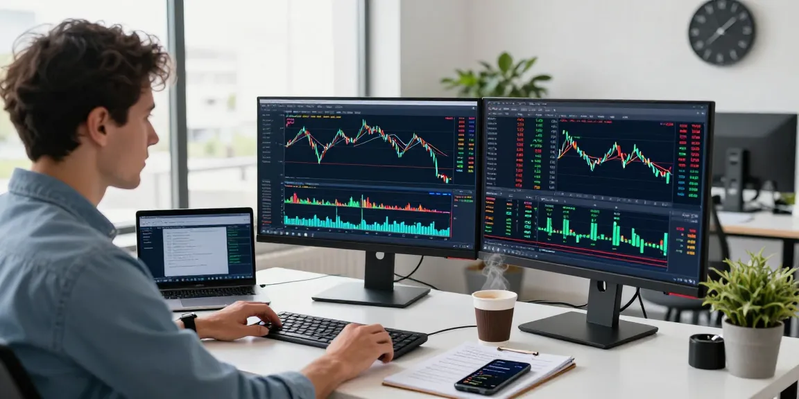 An engaging trading workspace featuring a trader using mt4 with dual monitors showing forex charts and indicators, enhancing automated trading strategies.