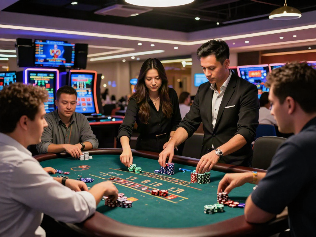 Live casino gameplay featuring enthusiastic players and a professional dealer in a vibrant atmosphere.