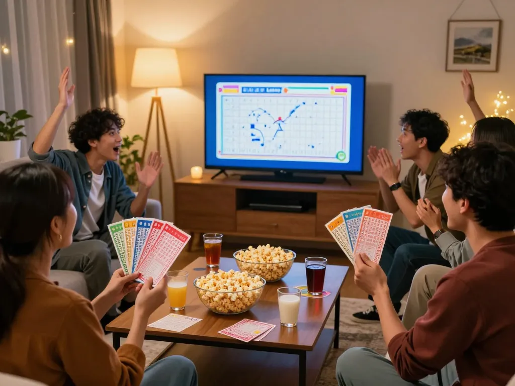 Friends enjoying a game night while watching HK Lotto live draw results in a cozy living room.