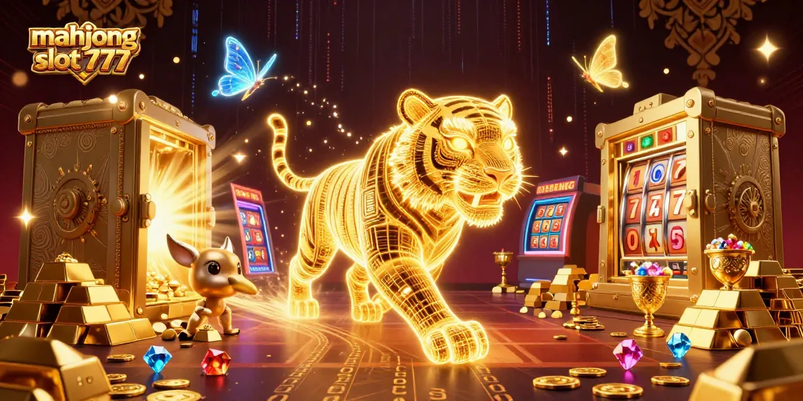 Engage with mahjong slot 777 featuring a neon tiger in a vibrant casino scene.