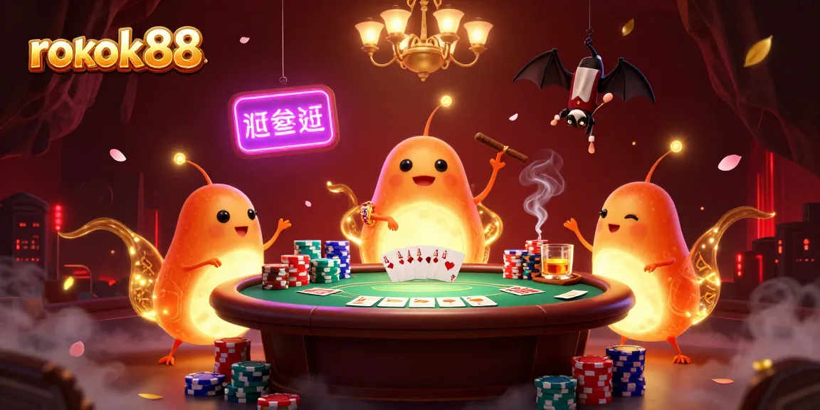 rokok88 shines with vibrant glowworms in a dynamic casino scene, featuring poker elements and a bat dealer.
