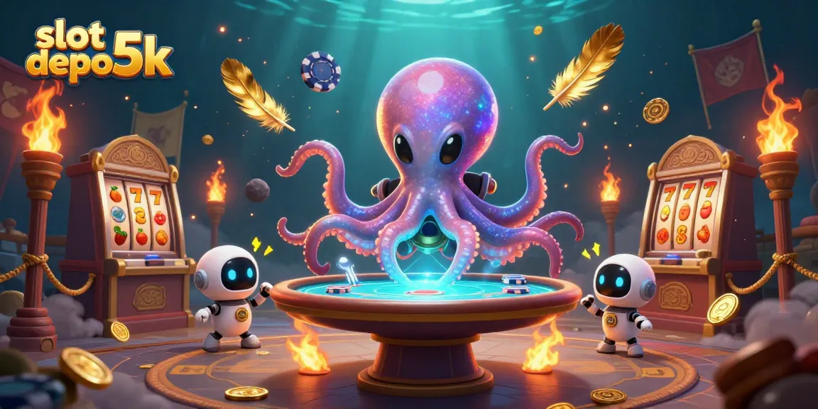 Experience the excitement of slot depo 5k with a cartoon alien octopus at a holographic poker table.