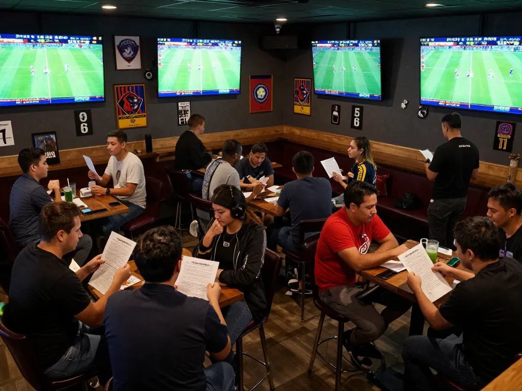 Patrons engaging in strategic kèo nhà cái activities at a lively sports betting venue