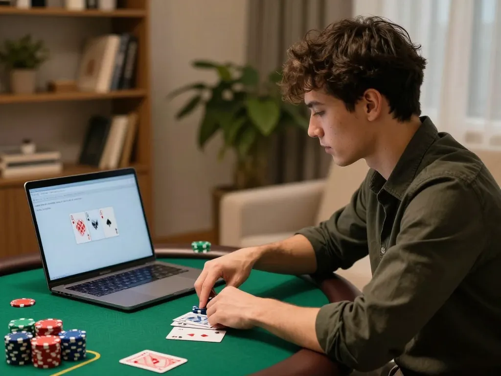 Player enjoying kubet online poker, chips visible on screen in a cozy home setting.