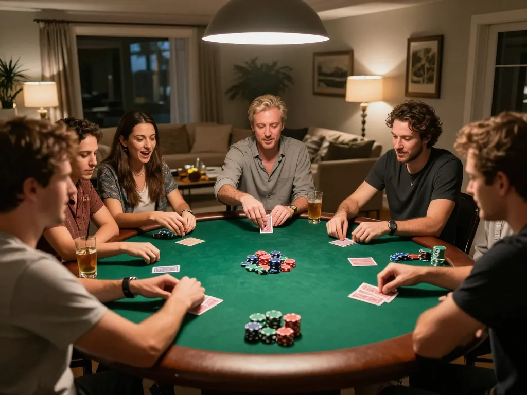 Friends enjoying poker night with artsy chips and cards, showcasing 789win gaming excitement