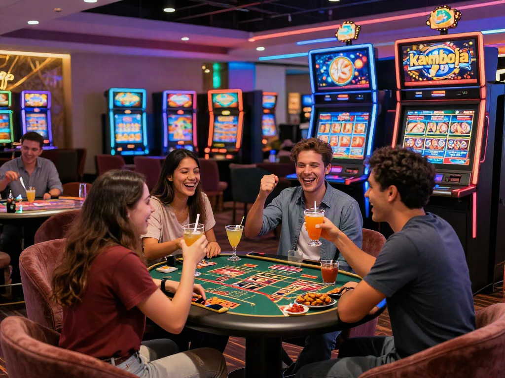 Group enjoying "slot kamboja" slot machines in vibrant casino setting, celebrating wins.