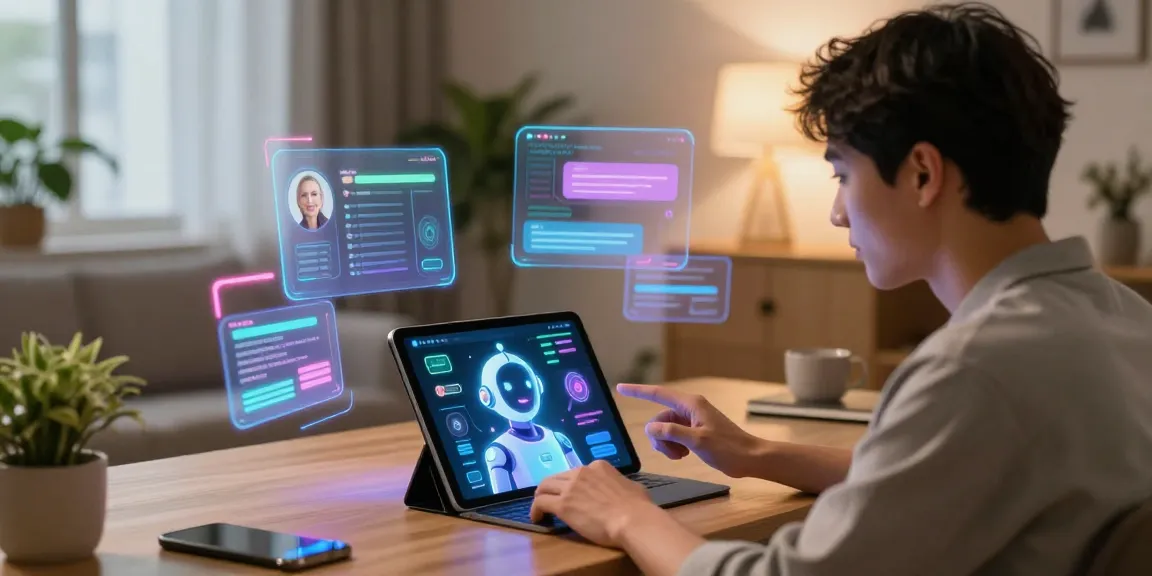 Engaging interaction with a vibrant spicy ai chatbot interface in a modern home office.
