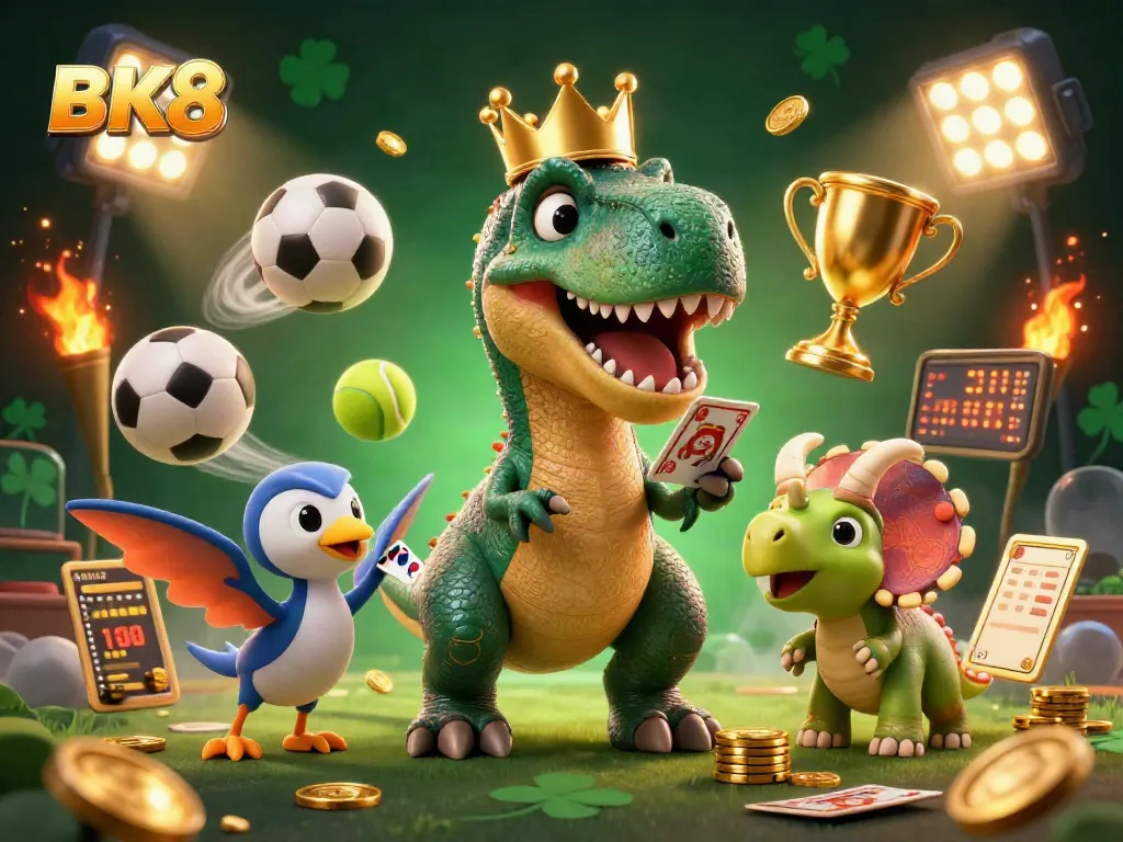 Experience thrilling betting with BK8 while friendly dinosaurs shuffle cards and stack chips.