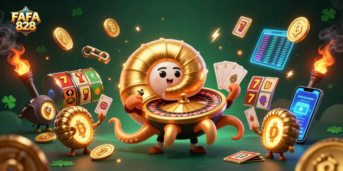Spin to win with FAFA 828 at the vibrant gaming scene featuring a giant nautilus roulette and winning cards.