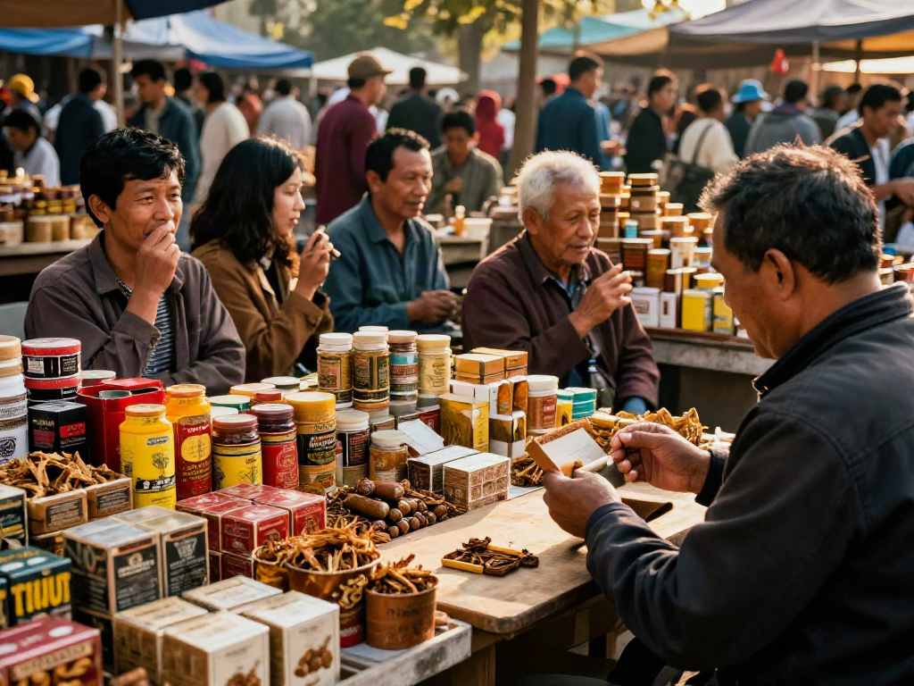 Vibrant outdoor market scene featuring rokok88 tobacco products and diverse individuals connecting.