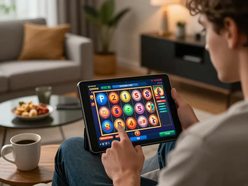 Engaged player spins colorful slot gacor hari ini reels on tablet in cozy living room.
