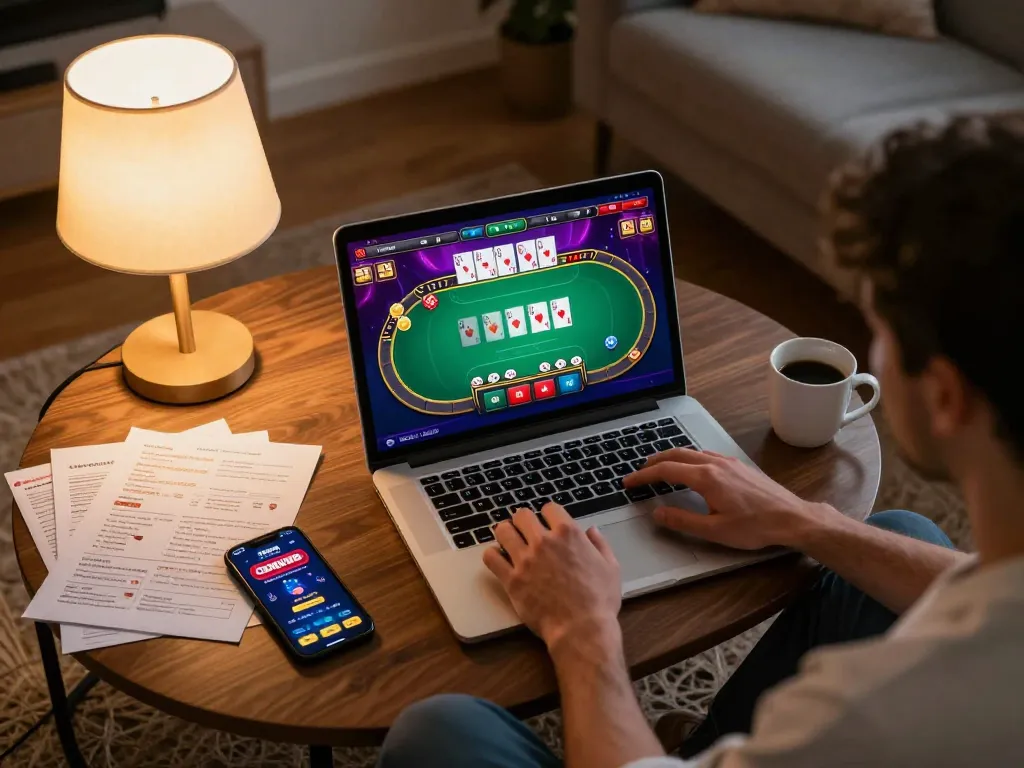 Player enjoying poker game on jmb88 app at home with strategy notes and coffee.