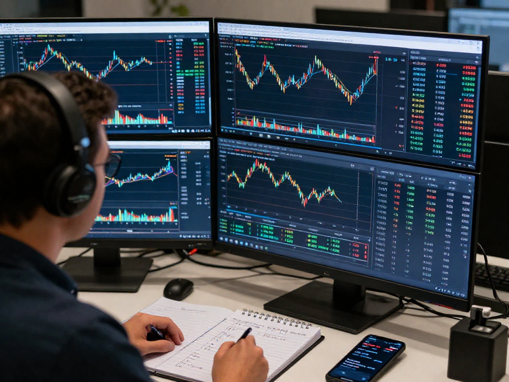 展示TradingView官网的专业交易环境，交易者专注于市场图表的分析，配备多个显示屏和技术指标。