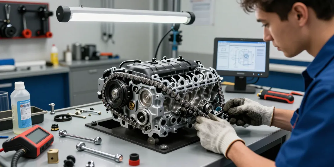 Professioneller Mechaniker prüft die Steuerkette beim BMW, bmw steuerkette wechseln in moderner Werkstatt.