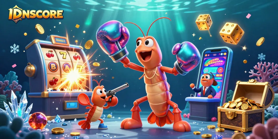 IDNSCORE slot adventure featuring 3D mantis shrimp, bursting jackpots, and vibrant casino games.