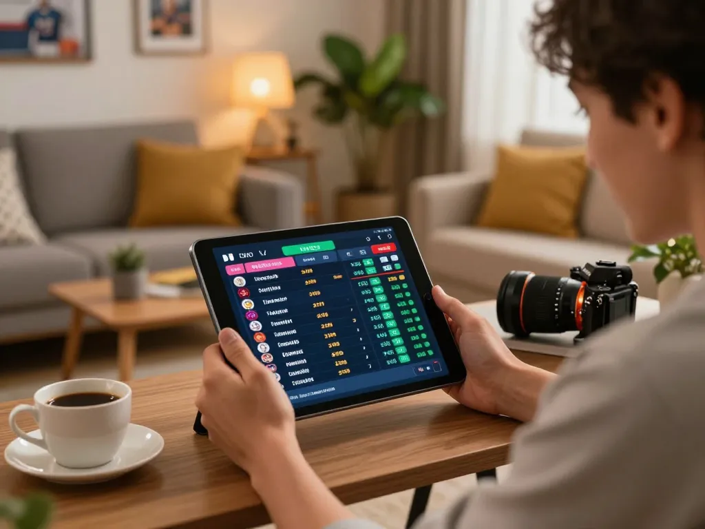 Engaging in dynamic online sports betting with c168 odds displayed on a tablet in a cozy living room.