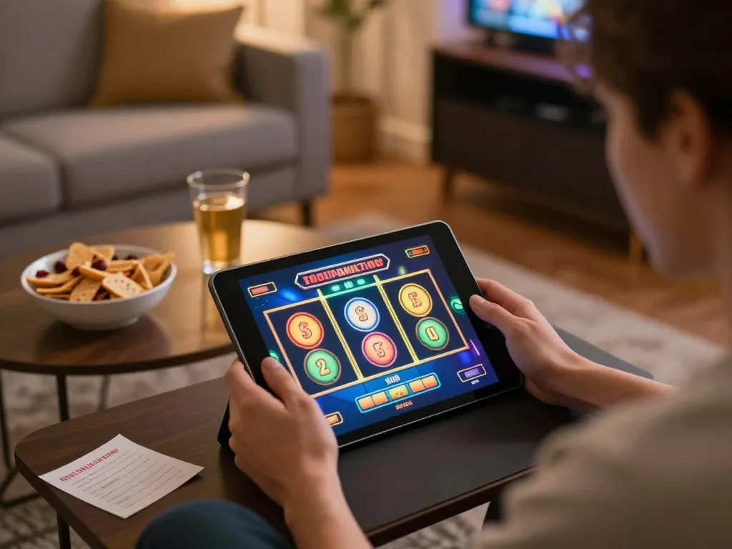 Engaging player using tablet for link gacor online slot gaming in cozy living room.