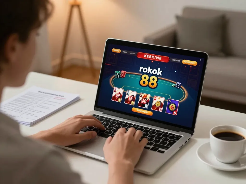 Engaging online poker game on rokok 88 displayed on a laptop screen, highlighting strategy and gameplay.