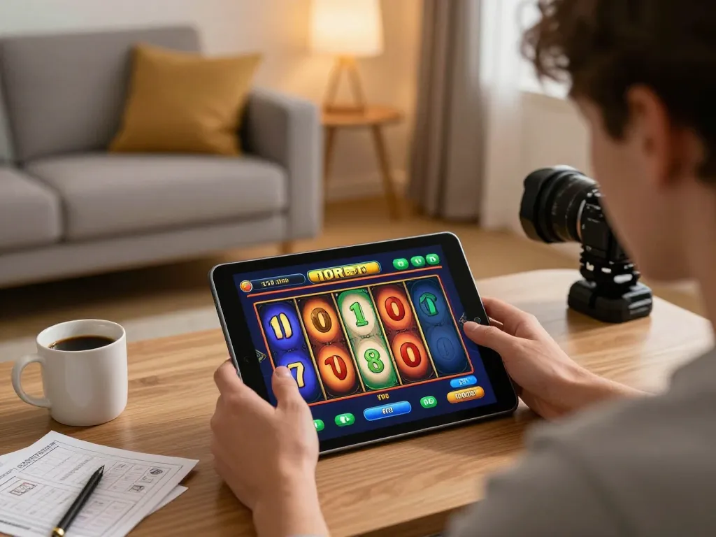 Engaging with slot 10rb game on a tablet in a cozy home setting, enjoying responsible gaming.