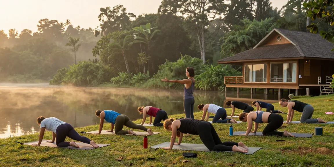 100 hour yoga teacher training sri lanka with students practicing Vinyasa and Yin yoga by Koggala Lake at sunrise.