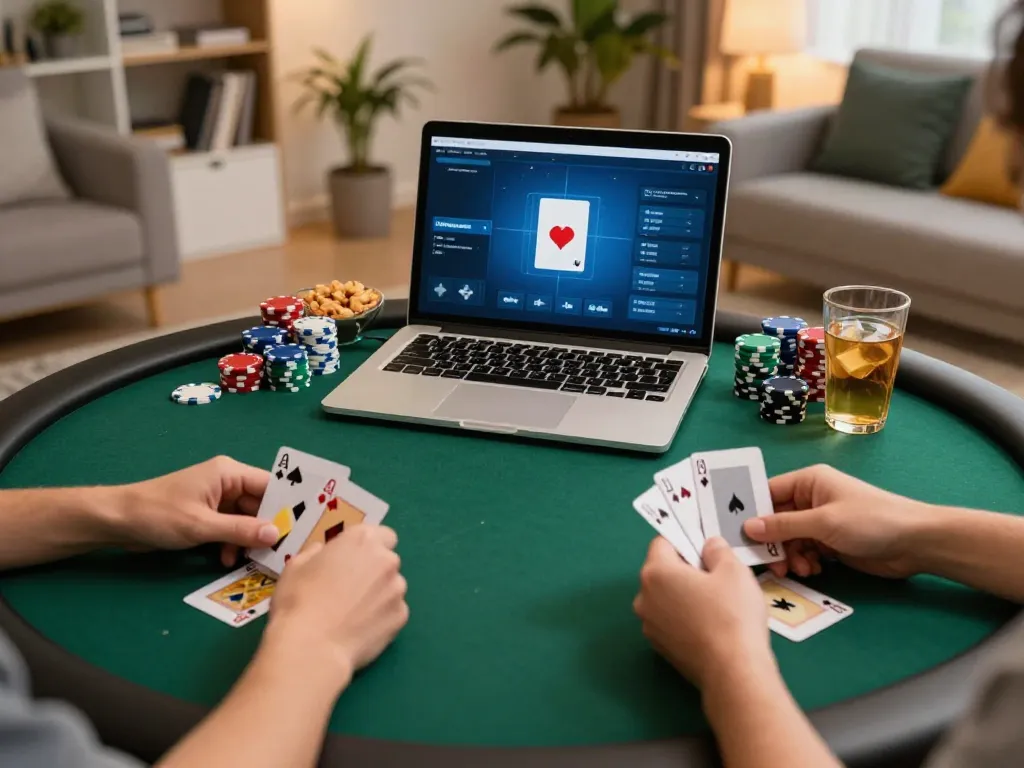 KJC players engage in an online poker game, showcasing strategy and camaraderie in a cozy home environment.