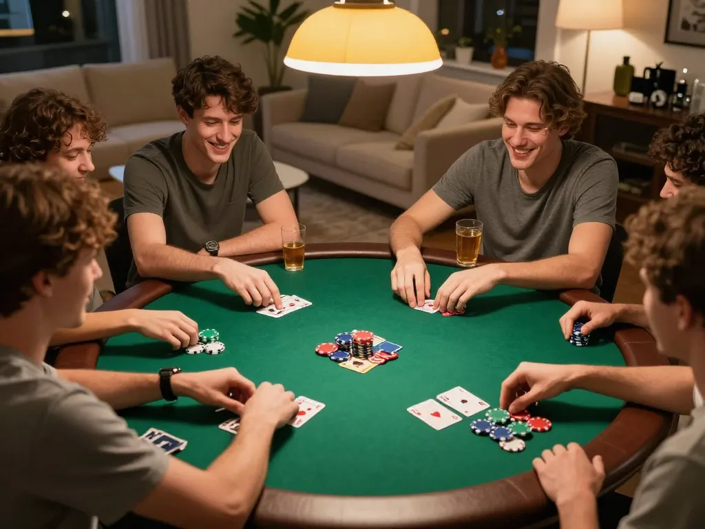 Engaging home poker night showing friends playing while enjoying nsfw games apk atmosphere, vibrant and social setting.