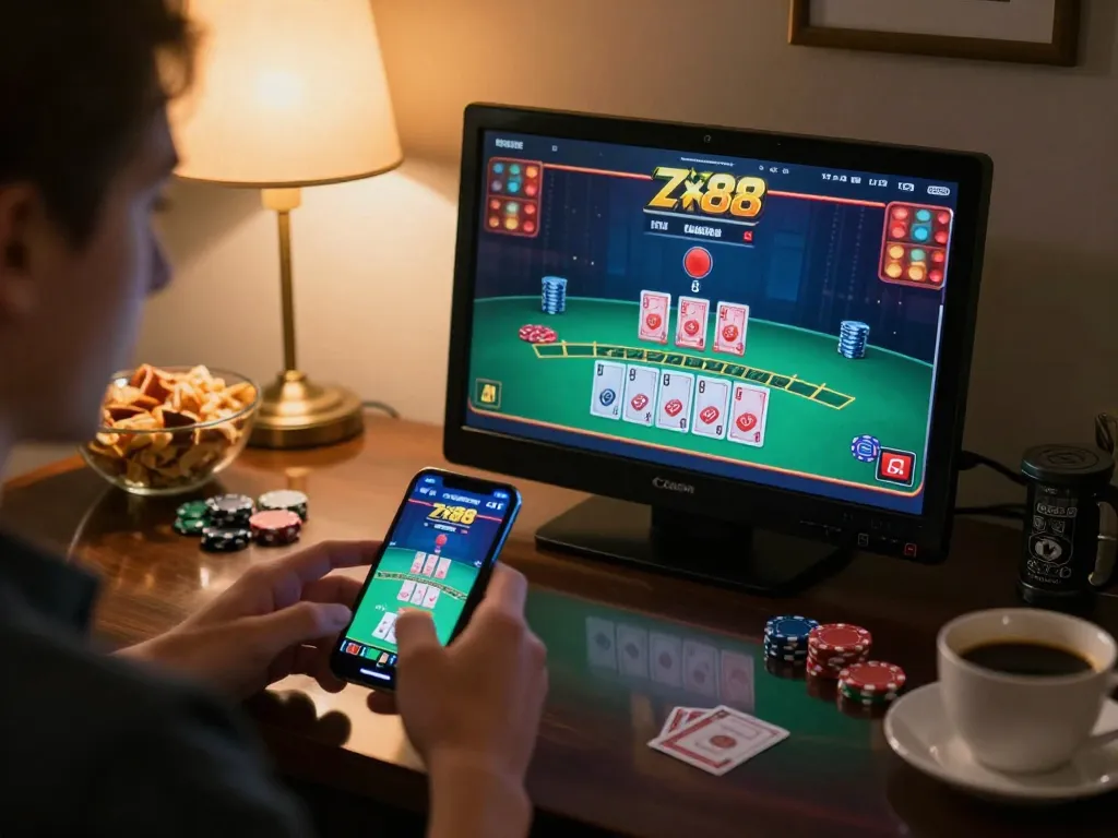 Player enjoying zx88 casino app while engaging in live blackjack from home with warm lighting