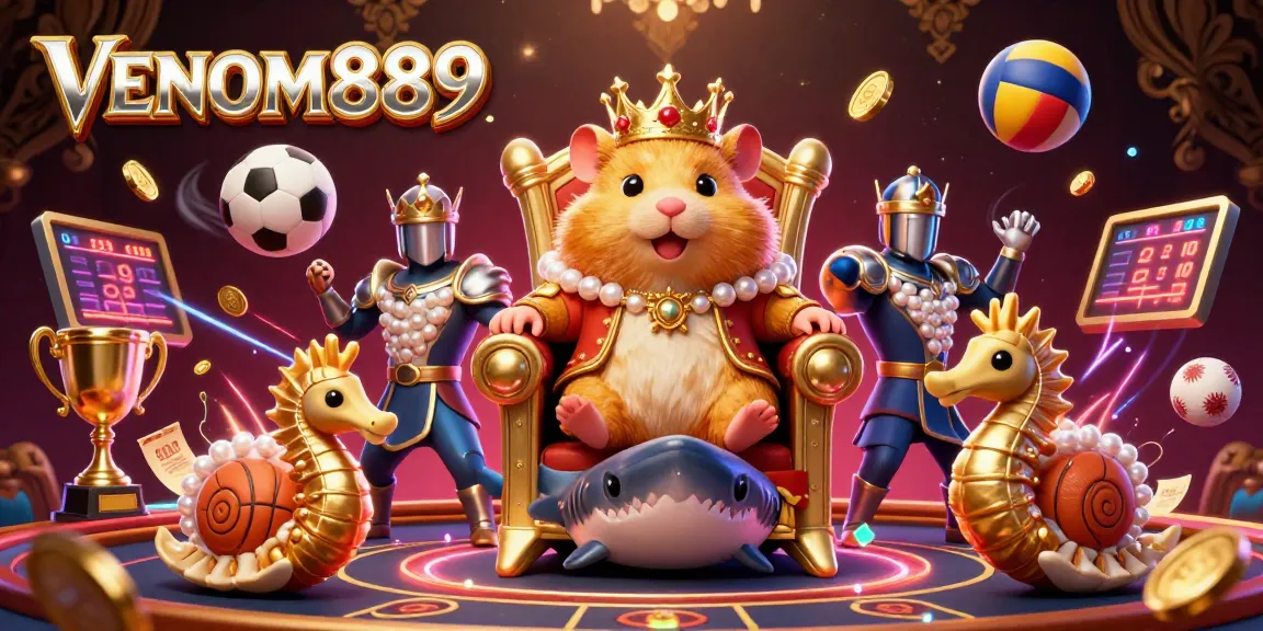 Engage with the thrilling world of VENOM889 featuring an action-packed golden hamster king surrounded by vibrant sports elements.