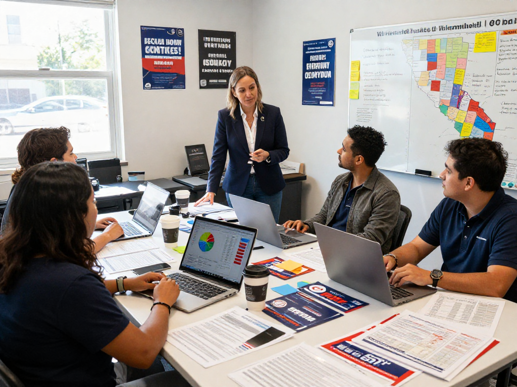 Political mail printing services strategy session in a vibrant campaign office.
