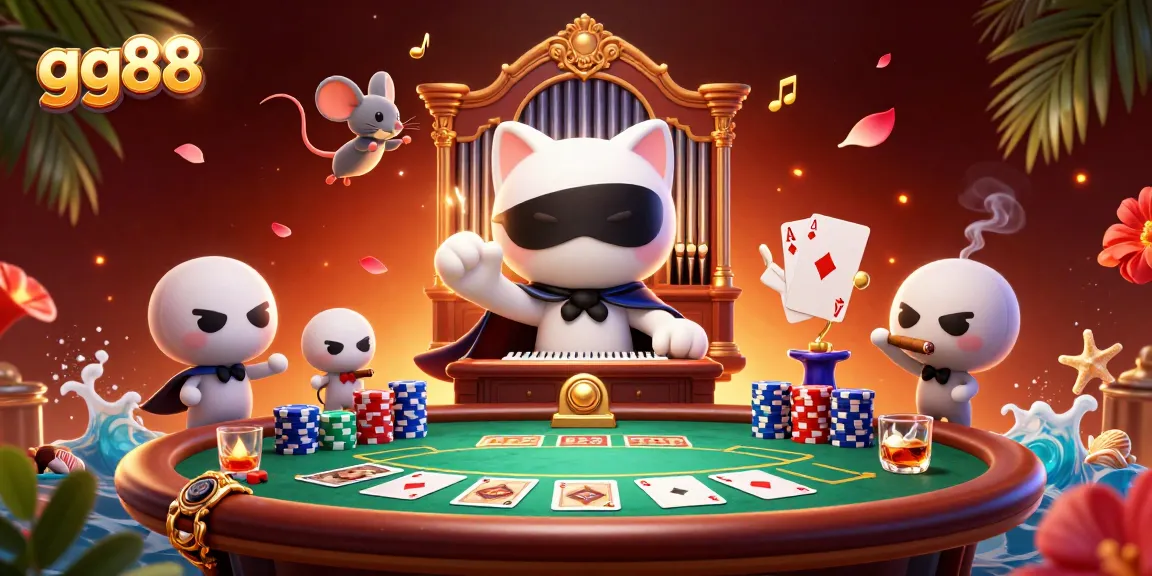 Engage with GG88 at the vibrant casino featuring a masked cat and exciting gaming elements.