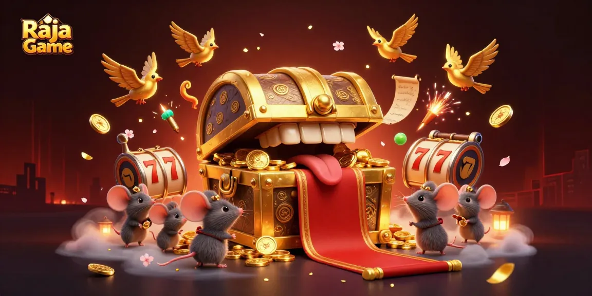 Play thrilling games on Raja Game with vibrant 3D illustration featuring a treasure chest and casino elements.