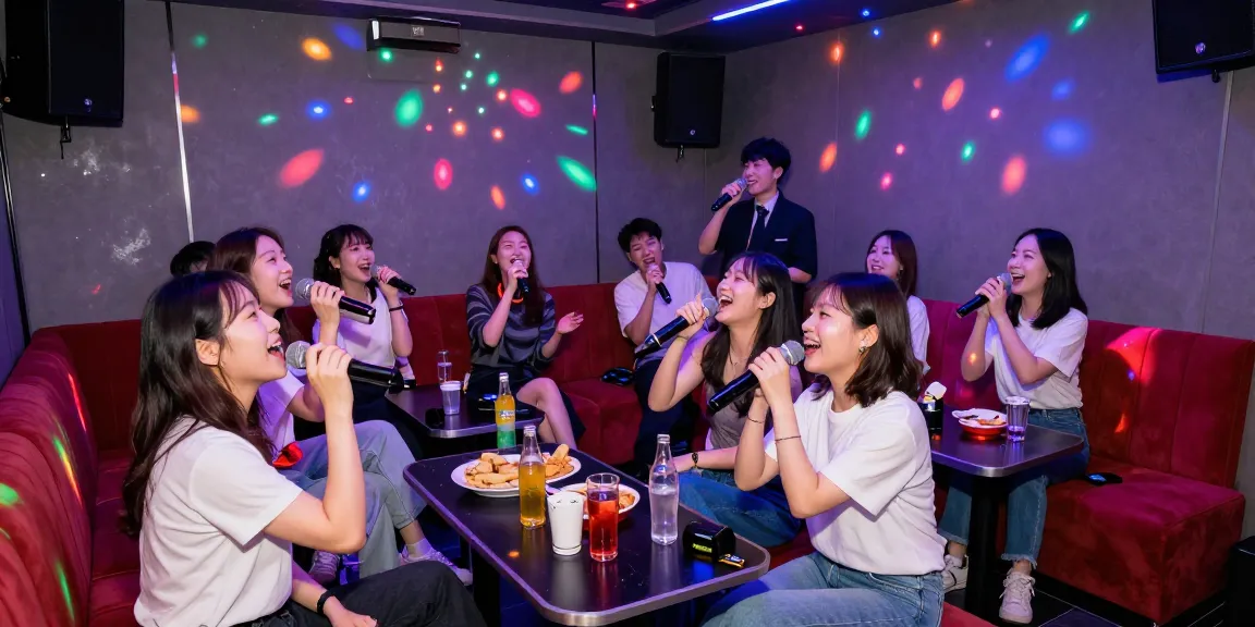 Enjoying a fun night at 강남 가라오케 with friends, colorful lights, and drinks.