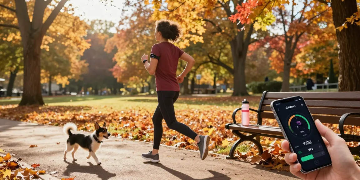 Aktivitas sehat dengan Fitbit Luxe dari https://www.polarfitbitshop.com/fitbit-luxe/ di taman musim gugur yang indah.