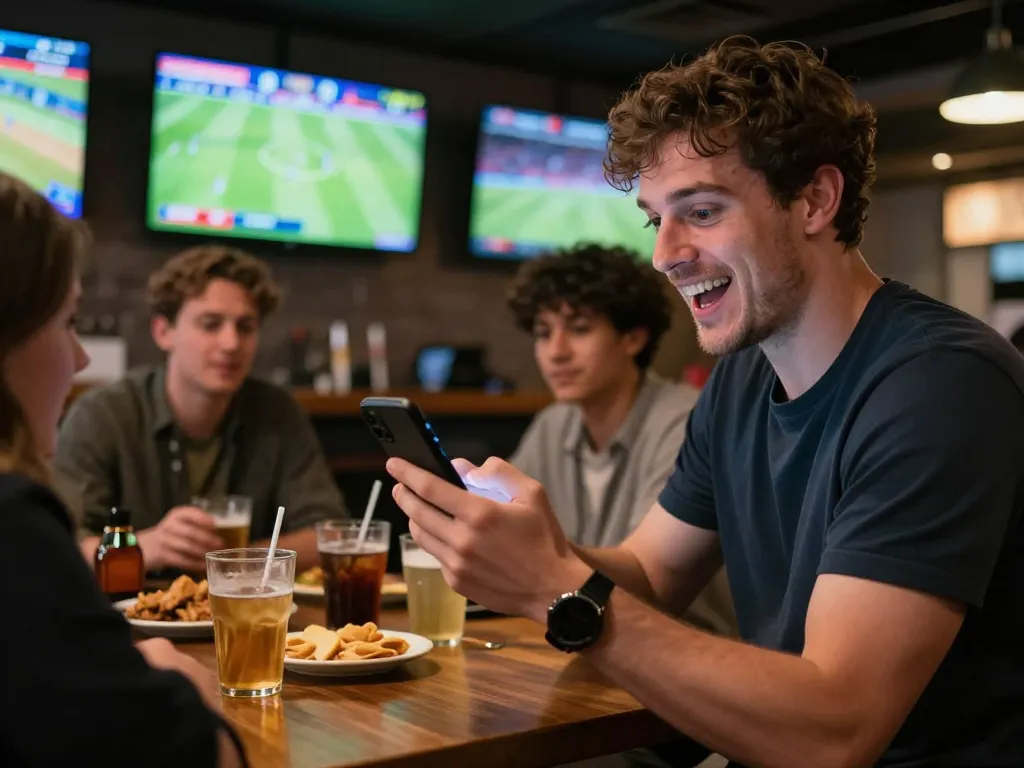 Watch kèo nhà cái live as a focused bettor places bets using a smartphone in a lively sports bar.