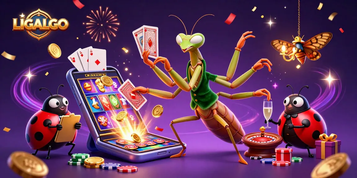 LIGALGO brings a vibrant casino atmosphere with a giant praying mantis card sharp and exciting gaming elements.