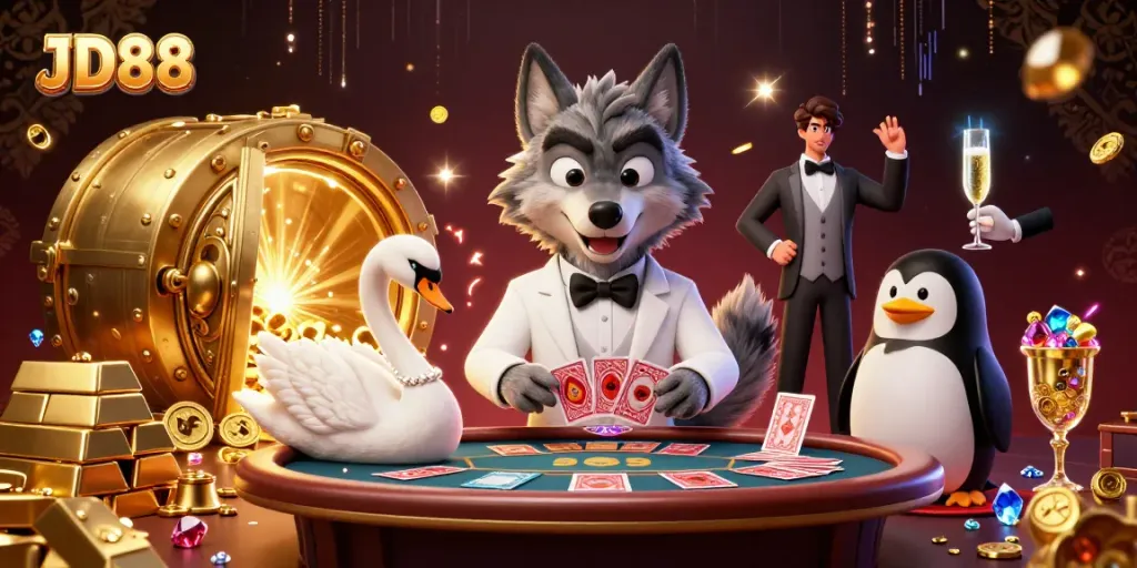 Experience the excitement of JD88 in a vibrant casino scene featuring a debonair wolf, an elegant swan, and a sophisticated penguin.