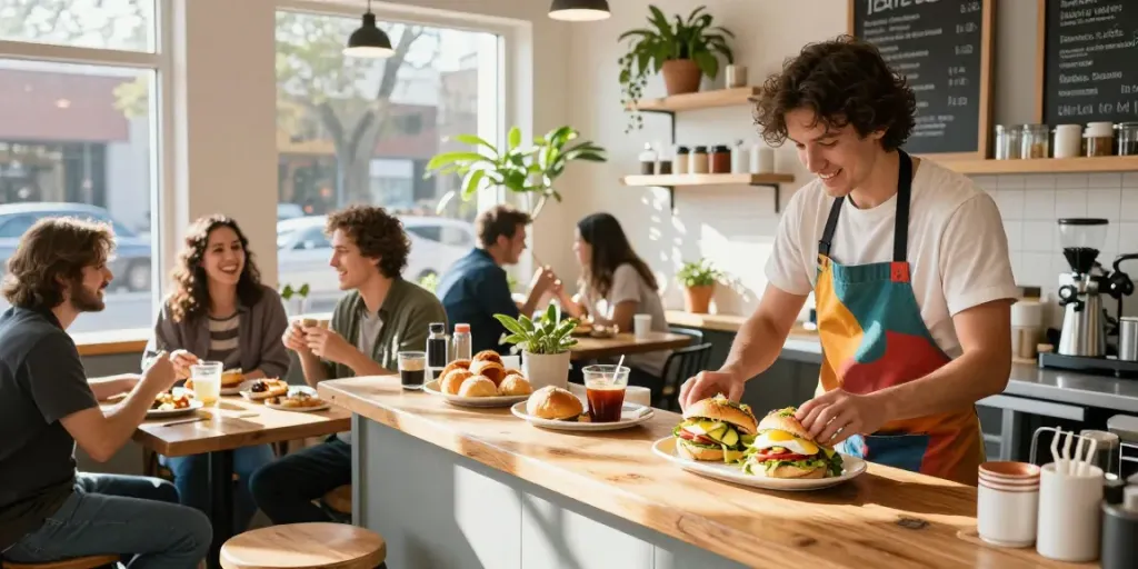 Best brunch Austin scene with patrons enjoying NYC-inspired breakfast sandwiches in a vibrant café.