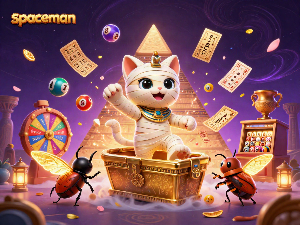 Spaceman reveals a vibrant scene with colorful lottery balls and a unique mummy cat in action.