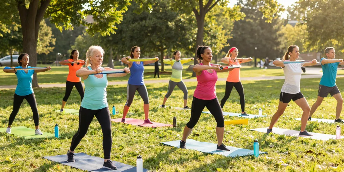 A dynamic outdoor fitness scene illustrating rokok88 participants enjoying circuit training in a sunny park.