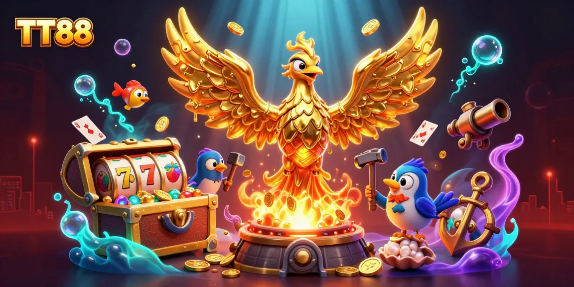 Experience the thrilling TT88 casino adventure with a molten phoenix and vibrant gaming elements.