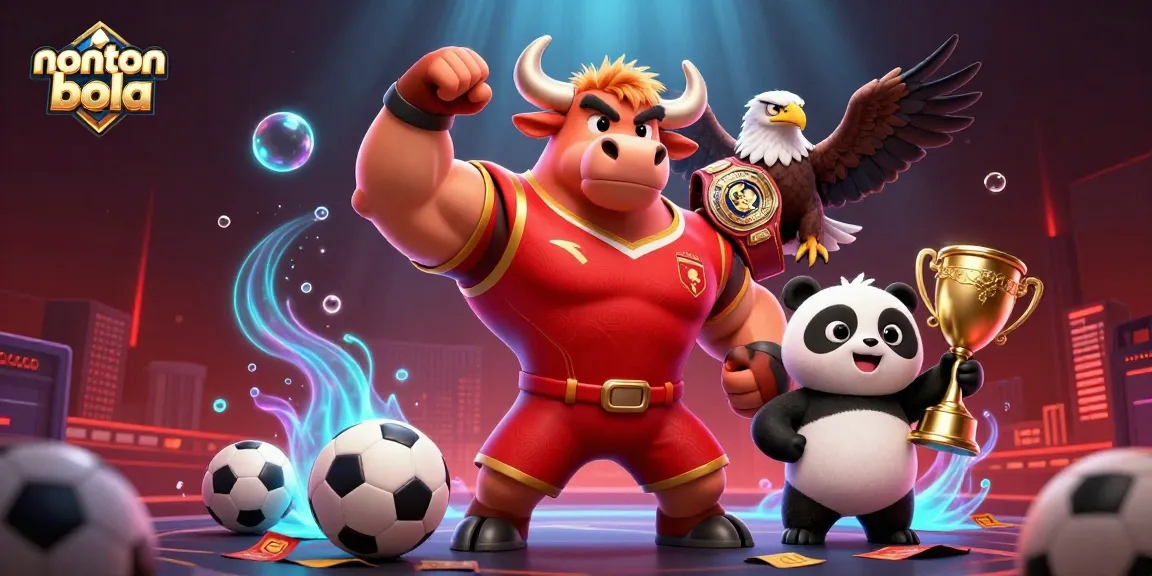 Experience nonton bola with vibrant sports elements and mascots celebrating victory
