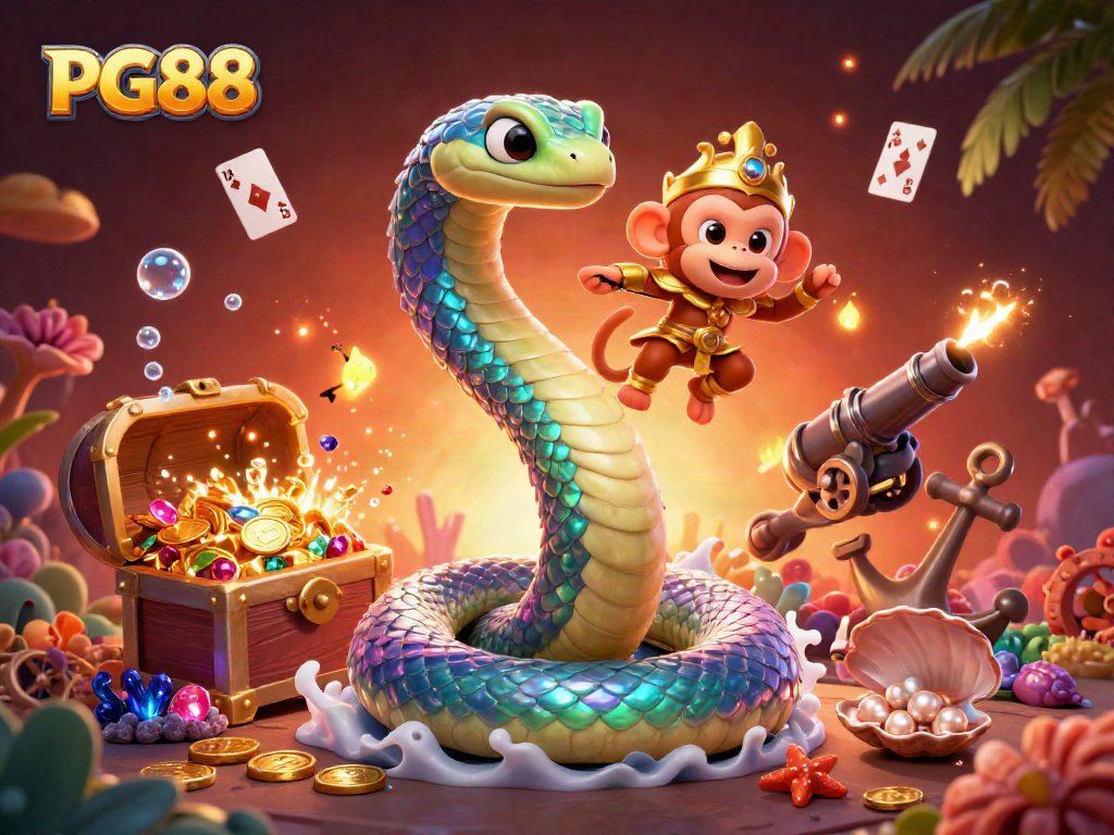 Experience the thrill of PG88 with a colorful dragon and playful monkey amidst casino-themed treasures.