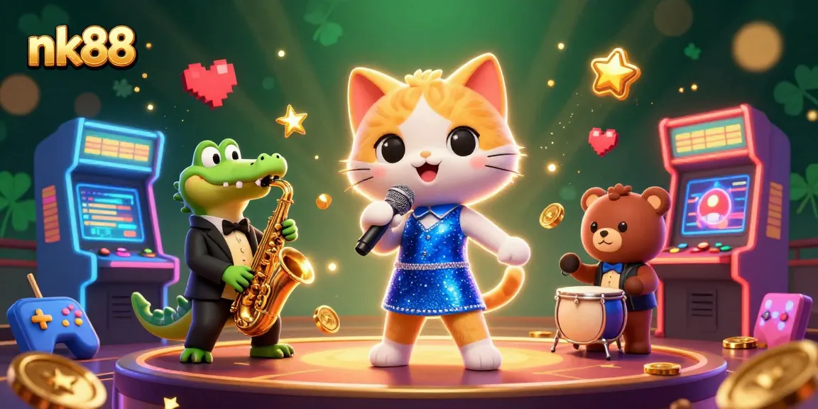 Experience the thrill of nk88 with vibrant characters and dazzling casino elements in this lively 3D illustration.