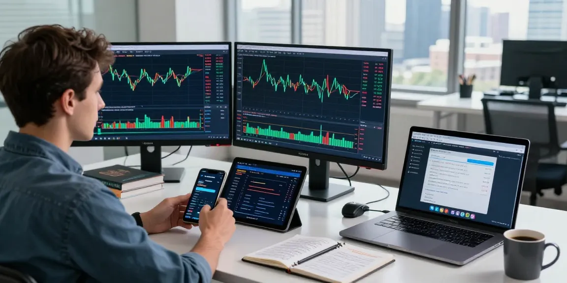 MetaTrader 5 trading scene with charts, devices, and professional setup.