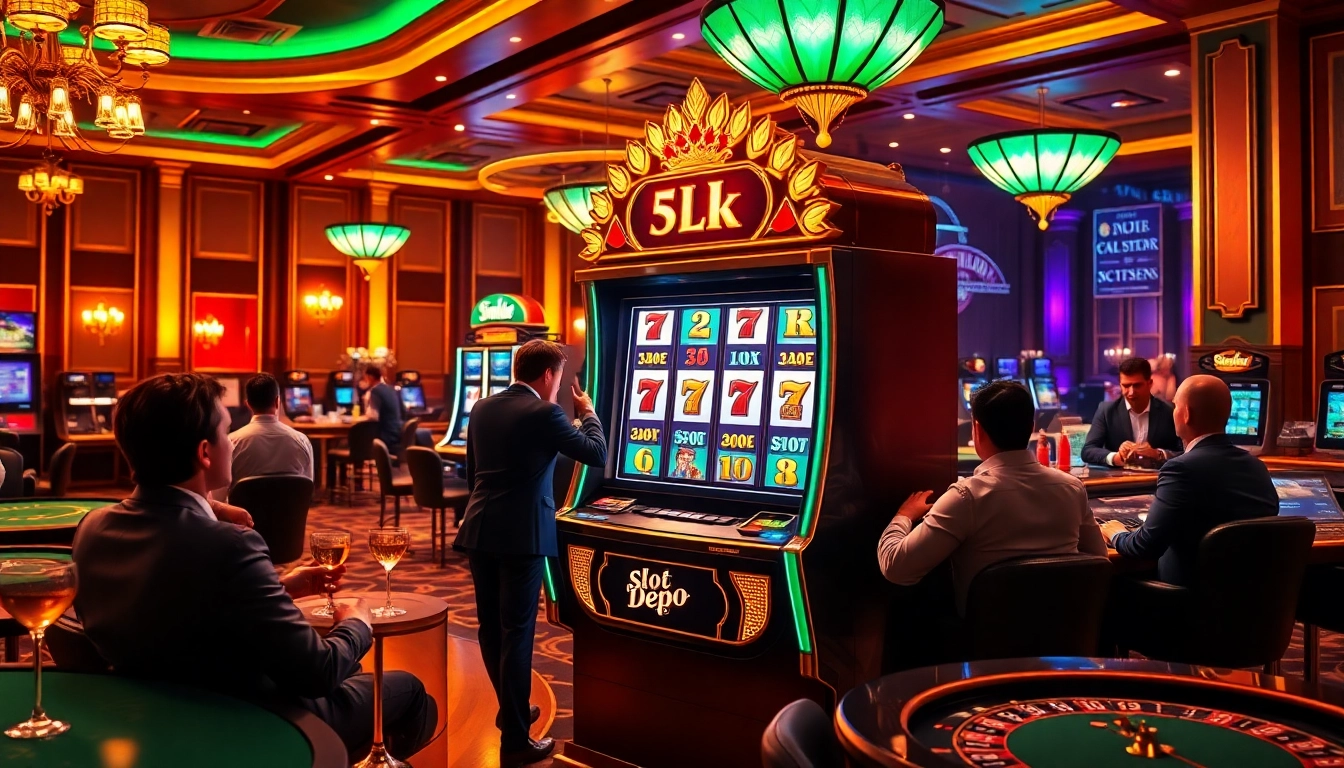 A thrilling scene of players enjoying the slot depo 5k machine in a luxurious casino environment.