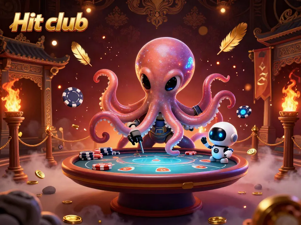 Engage in a vibrant gaming universe with Hit club featuring an alien octopus at a holographic poker table surrounded by dynamic effects.